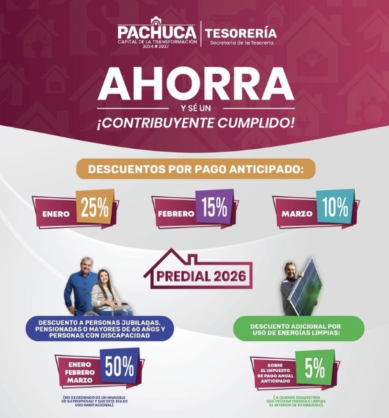 Ayuntamiento de Pachuca ofrece descuentos en pago de predial 2026