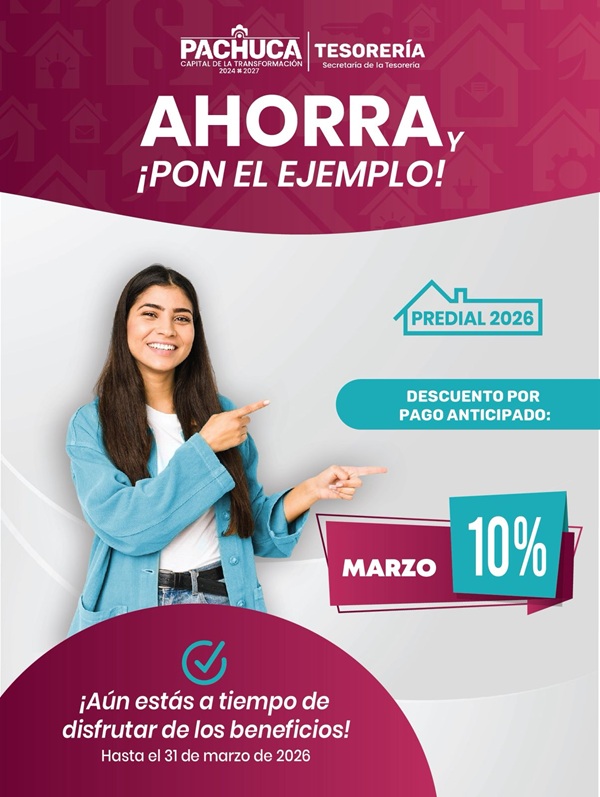 Pachuca ofrece el 10% de descuento en Predial durante marzo