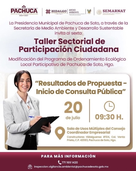 Pachuca convoca al sexto Taller Sectorial de Participación Ciudadana para fortalecer el ordenamiento ecológico
