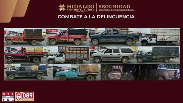 En operativo coordinado, SSPH asegura 12 camionetas e hidrocarburo en Tula