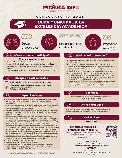Convoca DIF Pachuca a participar en la Beca Municipal a la Excelencia Académica 2026